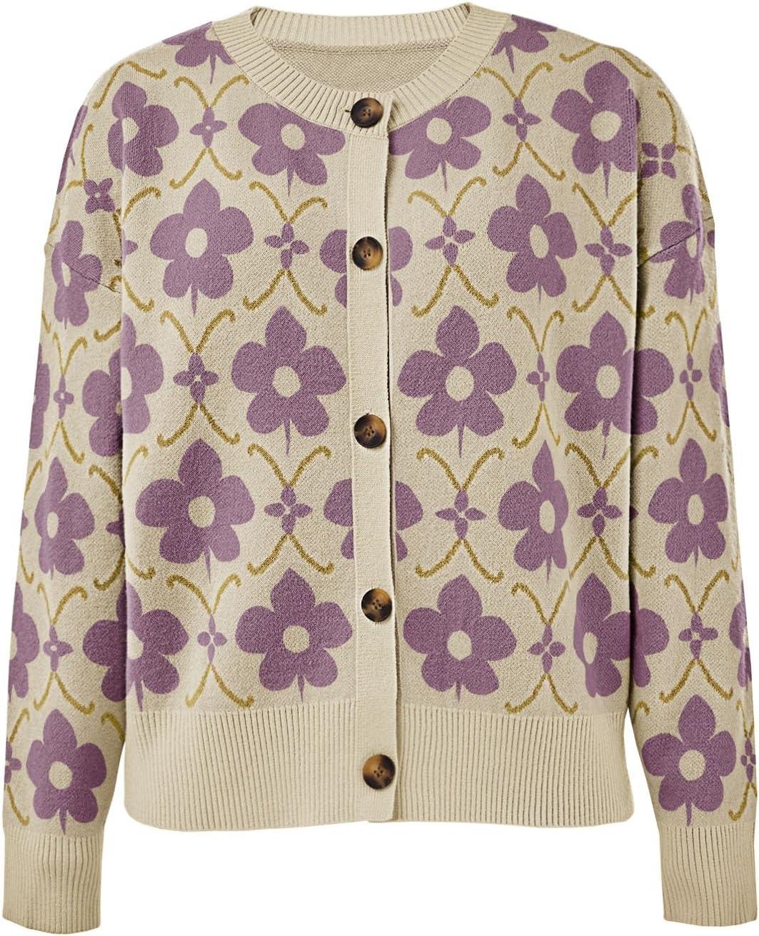 imageSaodimallsu Womens Floral Cardigan Sweaters Long Sleeve Open Front Button Down Knit Retro Sweater Coat Outwear Fall 2025Fuchsia