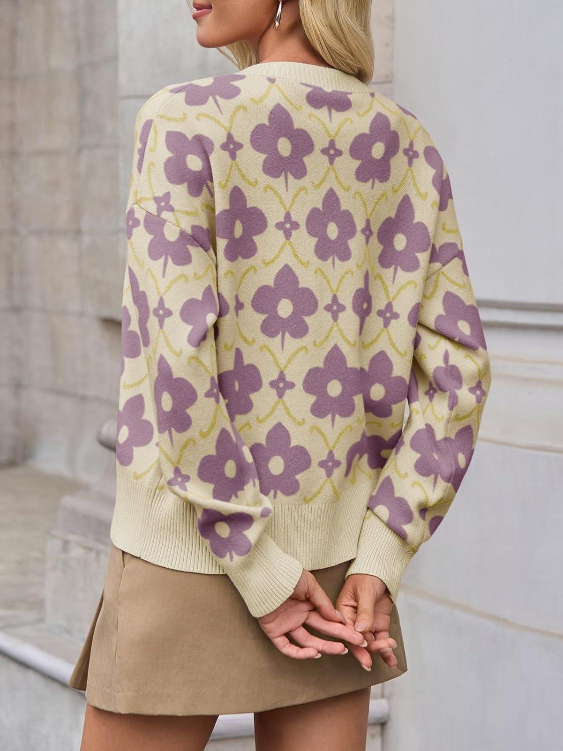 imageSaodimallsu Womens Floral Cardigan Sweaters Long Sleeve Open Front Button Down Knit Retro Sweater Coat Outwear Fall 2025Fuchsia