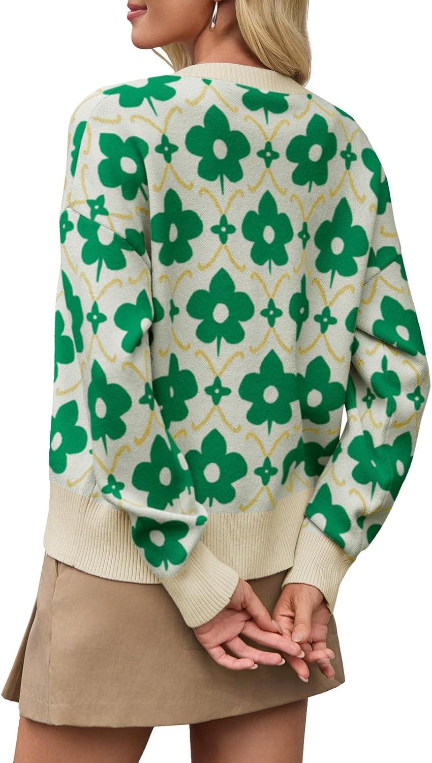 imageSaodimallsu Womens Floral Cardigan Sweaters Long Sleeve Open Front Button Down Knit Retro Sweater Coat Outwear Fall 2025Green