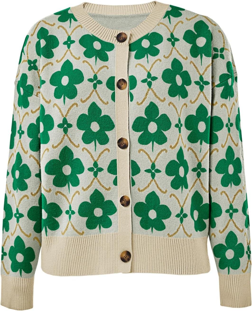 imageSaodimallsu Womens Floral Cardigan Sweaters Long Sleeve Open Front Button Down Knit Retro Sweater Coat Outwear Fall 2025Green