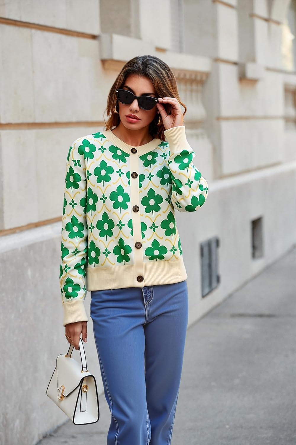 imageSaodimallsu Womens Floral Cardigan Sweaters Long Sleeve Open Front Button Down Knit Retro Sweater Coat Outwear Fall 2025Green