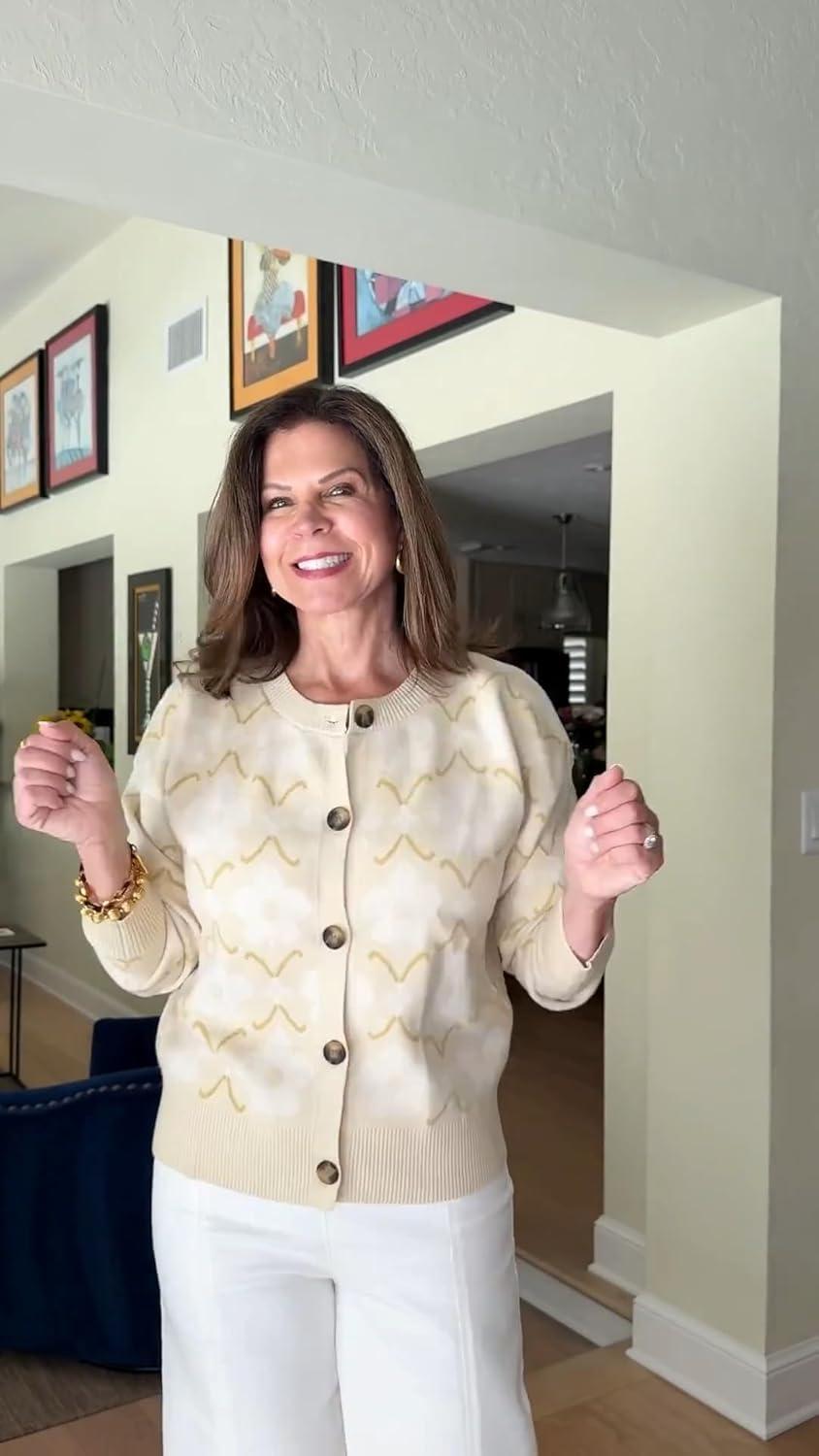 imageSaodimallsu Womens Floral Cardigan Sweaters Long Sleeve Open Front Button Down Knit Retro Sweater Coat Outwear Fall 2025White