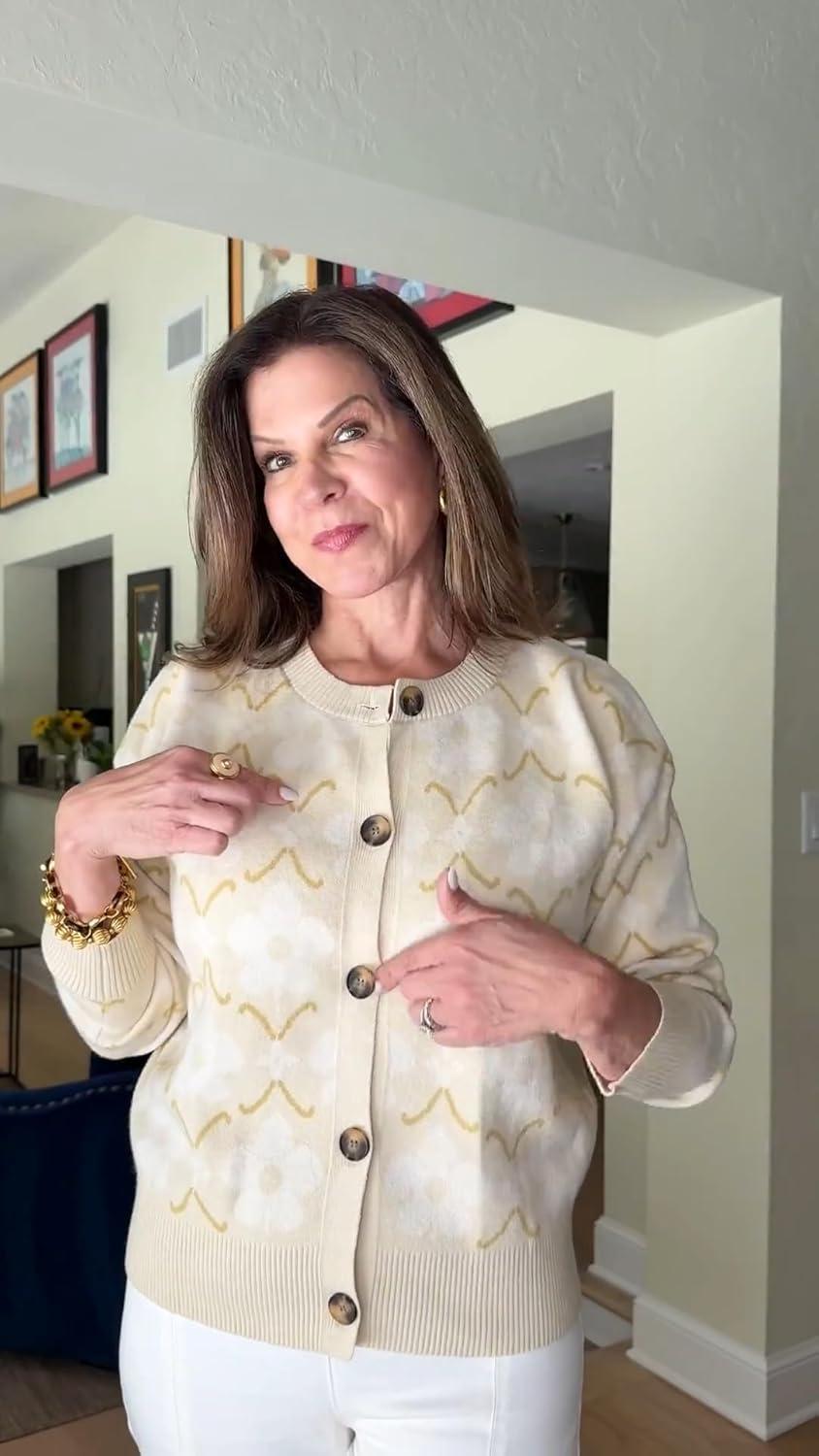 imageSaodimallsu Womens Floral Cardigan Sweaters Long Sleeve Open Front Button Down Knit Retro Sweater Coat Outwear Fall 2025White