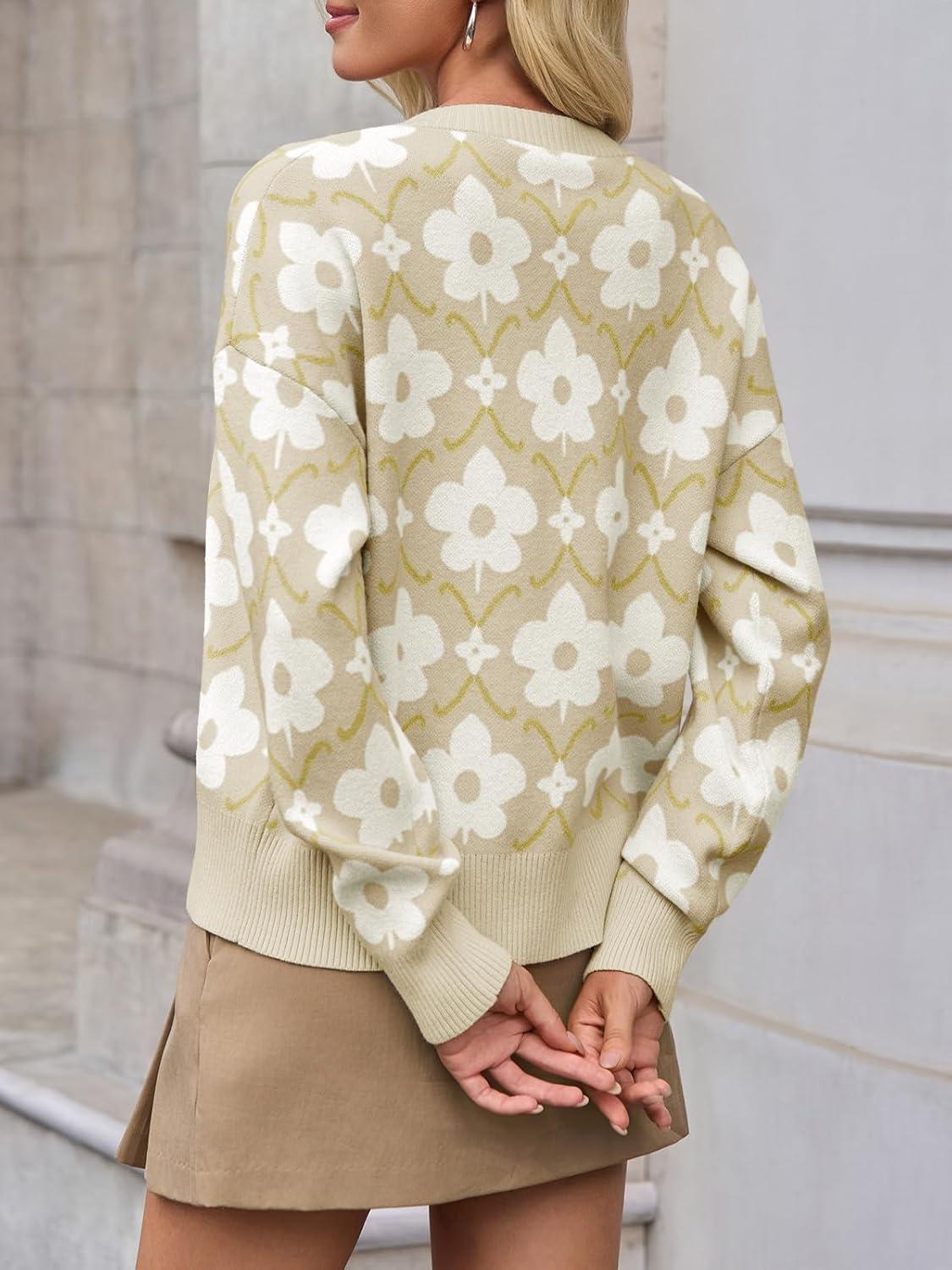 imageSaodimallsu Womens Floral Cardigan Sweaters Long Sleeve Open Front Button Down Knit Retro Sweater Coat Outwear Fall 2025White