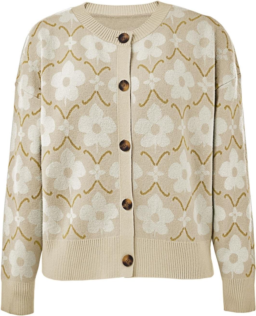 imageSaodimallsu Womens Floral Cardigan Sweaters Long Sleeve Open Front Button Down Knit Retro Sweater Coat Outwear Fall 2025White
