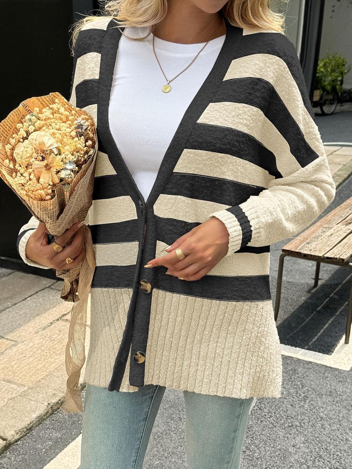 imageSaodimallsu Womens Oversized Striped Cardigan Sweaters V Neck Fuzzy Knit Button Up Side Slit Fall Sweater CoatsBeige