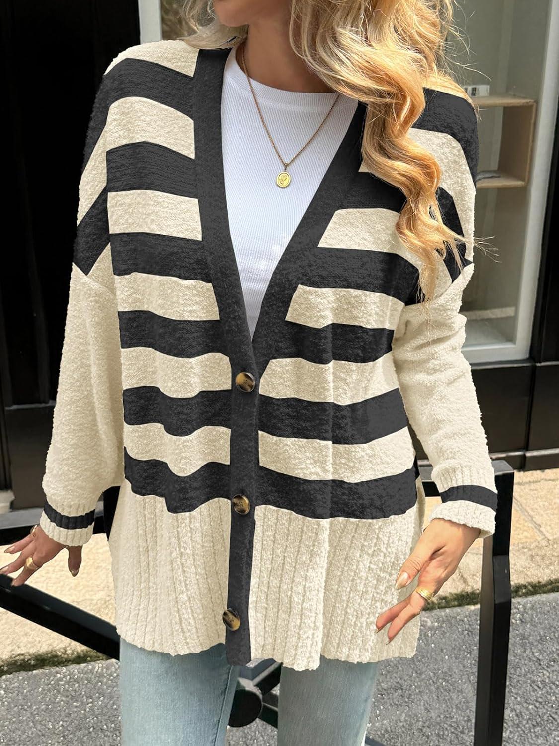 imageSaodimallsu Womens Oversized Striped Cardigan Sweaters V Neck Fuzzy Knit Button Up Side Slit Fall Sweater CoatsBeige