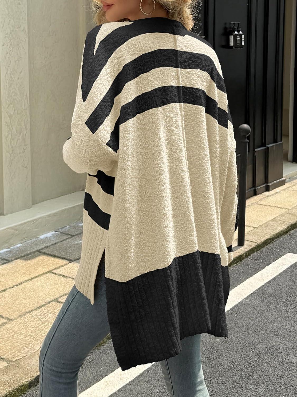 imageSaodimallsu Womens Oversized Striped Cardigan Sweaters V Neck Fuzzy Knit Button Up Side Slit Fall Sweater CoatsBeige