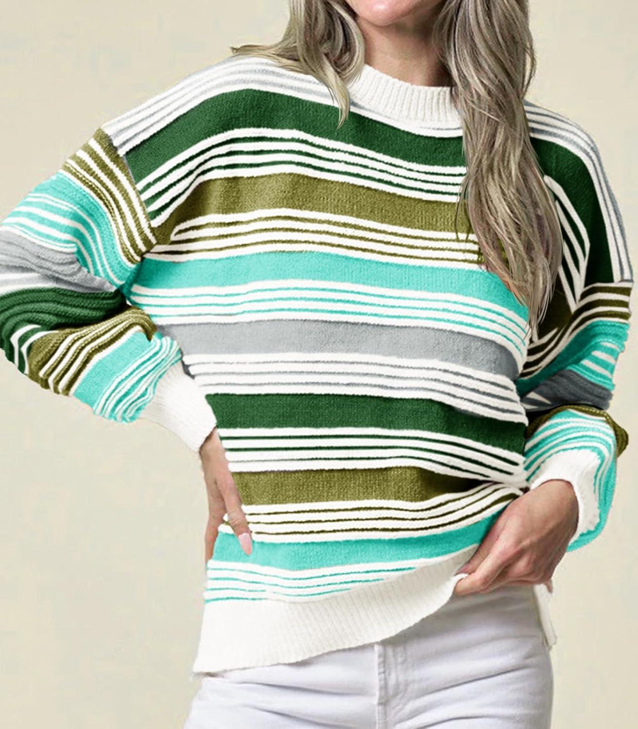 imageSaodimallsu Womens Striped Sweater Color Block Crew Neck Long Sleeve Fall Colorful Rainbow Knit Loose Pullover TopArmy Green
