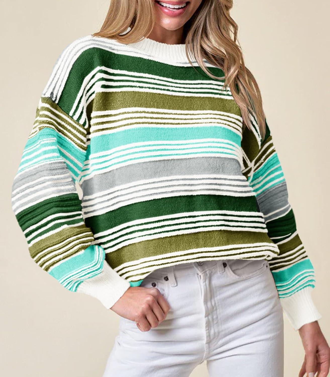 imageSaodimallsu Womens Striped Sweater Color Block Crew Neck Long Sleeve Fall Colorful Rainbow Knit Loose Pullover TopArmy Green