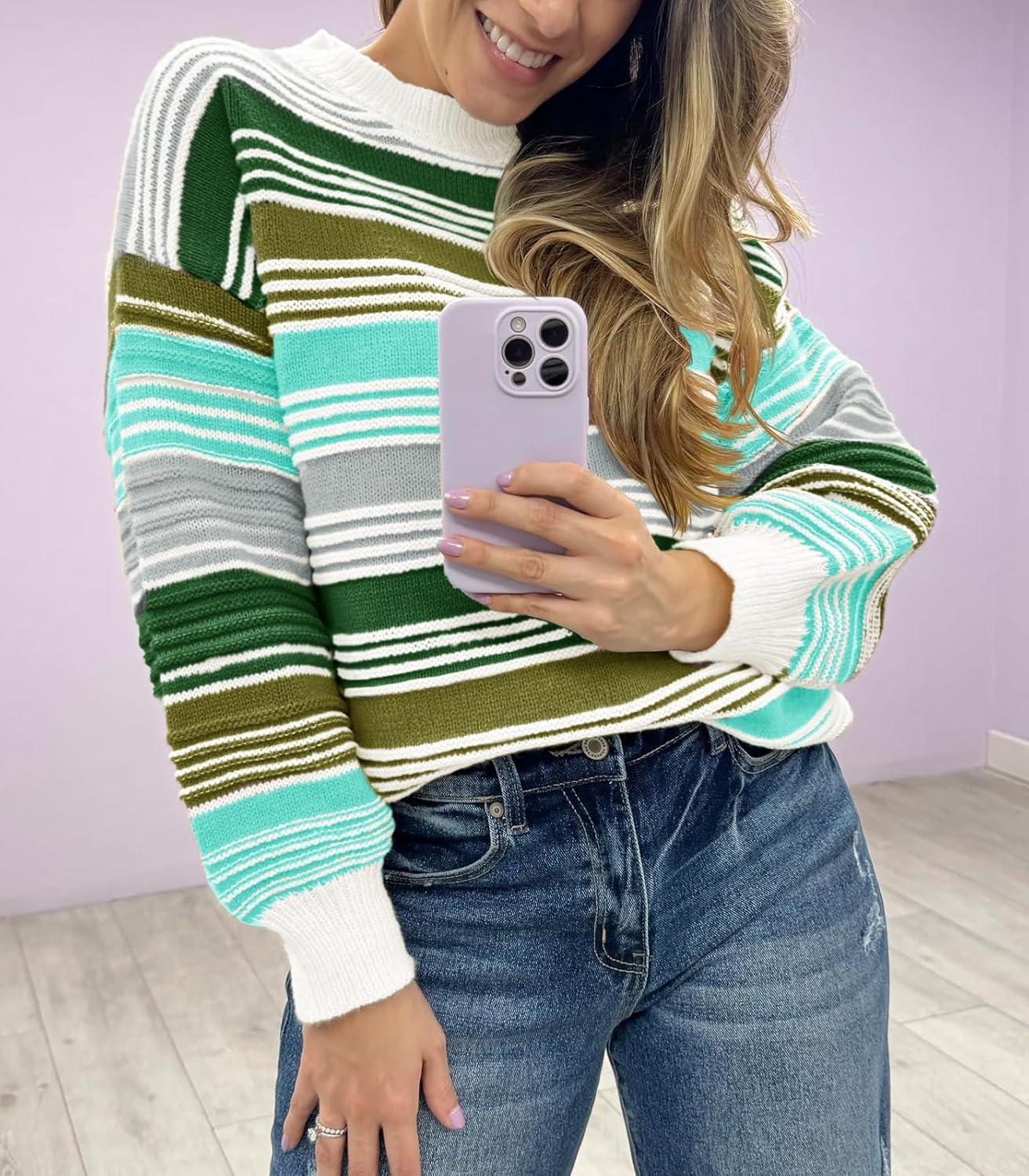 imageSaodimallsu Womens Striped Sweater Color Block Crew Neck Long Sleeve Fall Colorful Rainbow Knit Loose Pullover TopArmy Green
