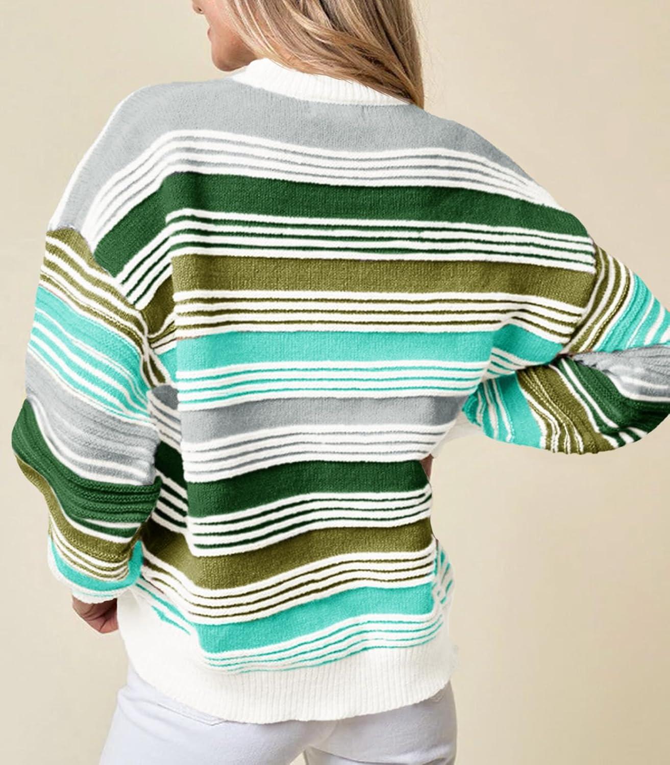 imageSaodimallsu Womens Striped Sweater Color Block Crew Neck Long Sleeve Fall Colorful Rainbow Knit Loose Pullover TopArmy Green