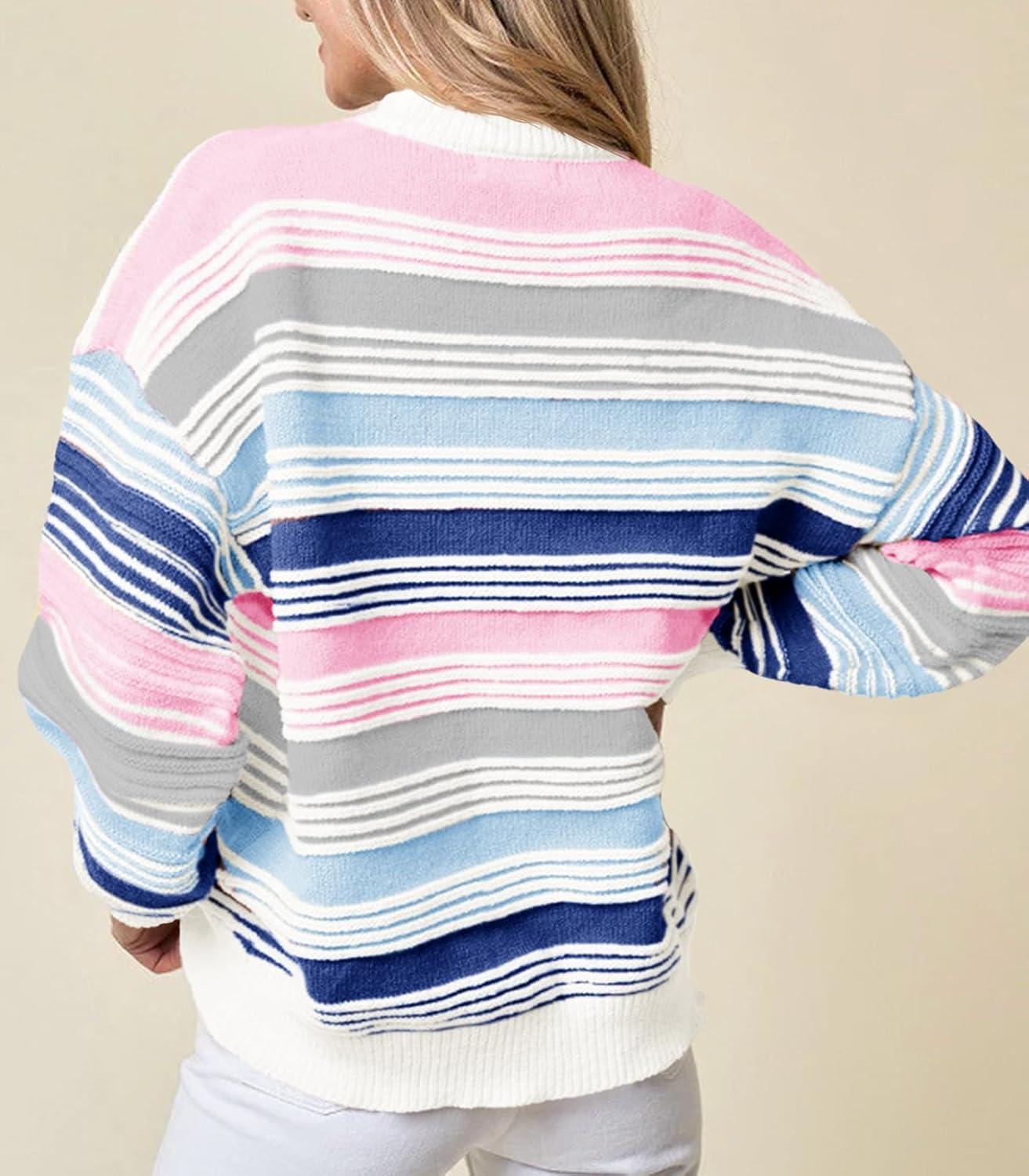 imageSaodimallsu Womens Striped Sweater Color Block Crew Neck Long Sleeve Fall Colorful Rainbow Knit Loose Pullover TopBlue