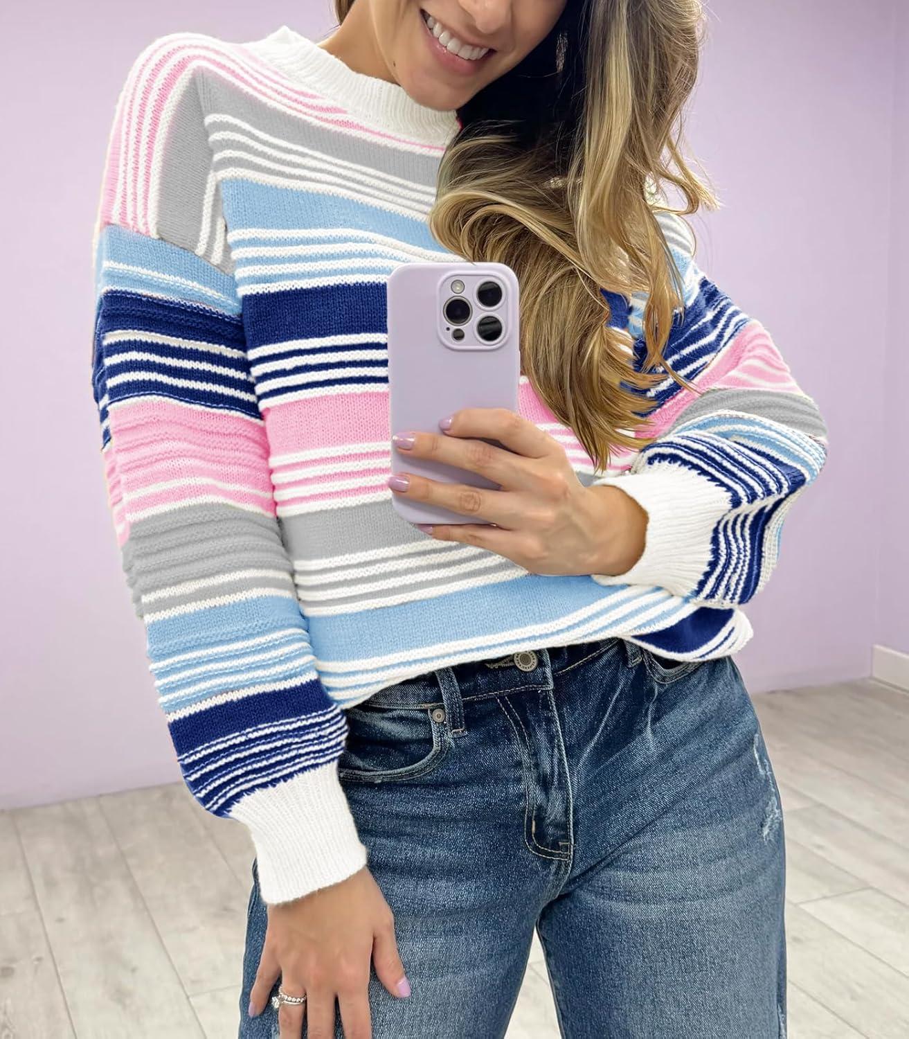 imageSaodimallsu Womens Striped Sweater Color Block Crew Neck Long Sleeve Fall Colorful Rainbow Knit Loose Pullover TopBlue