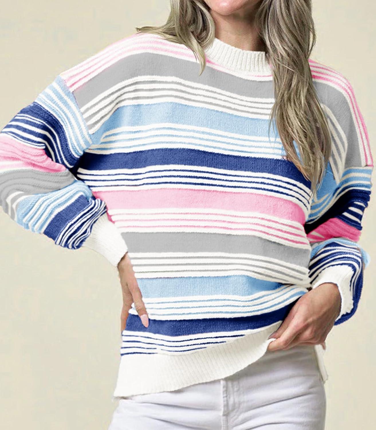 imageSaodimallsu Womens Striped Sweater Color Block Crew Neck Long Sleeve Fall Colorful Rainbow Knit Loose Pullover TopBlue