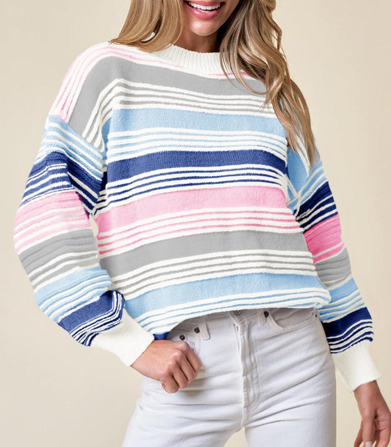 imageSaodimallsu Womens Striped Sweater Color Block Crew Neck Long Sleeve Fall Colorful Rainbow Knit Loose Pullover TopBlue
