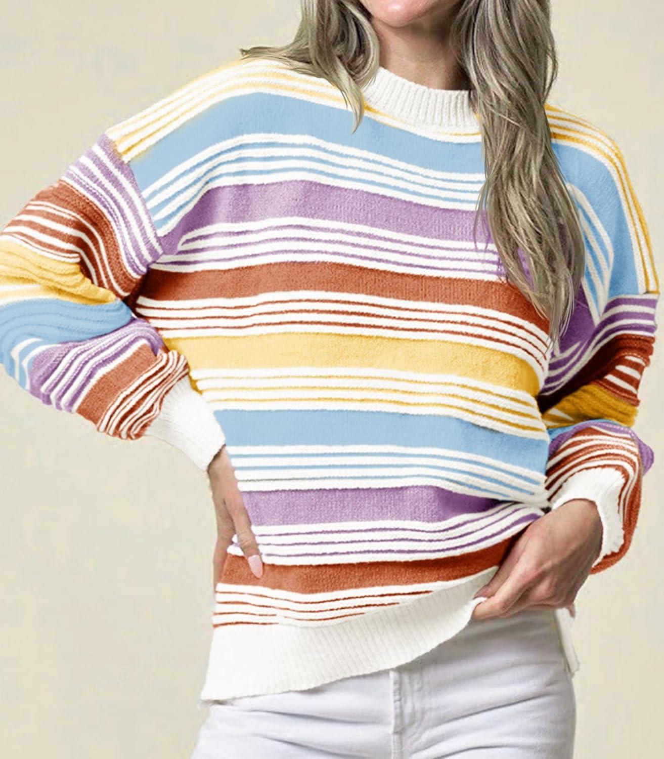 imageSaodimallsu Womens Striped Sweater Color Block Crew Neck Long Sleeve Fall Colorful Rainbow Knit Loose Pullover TopWhite