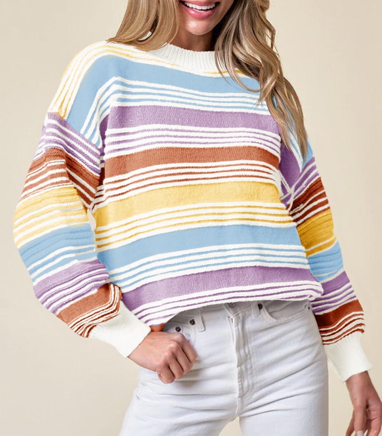 imageSaodimallsu Womens Striped Sweater Color Block Crew Neck Long Sleeve Fall Colorful Rainbow Knit Loose Pullover TopWhite