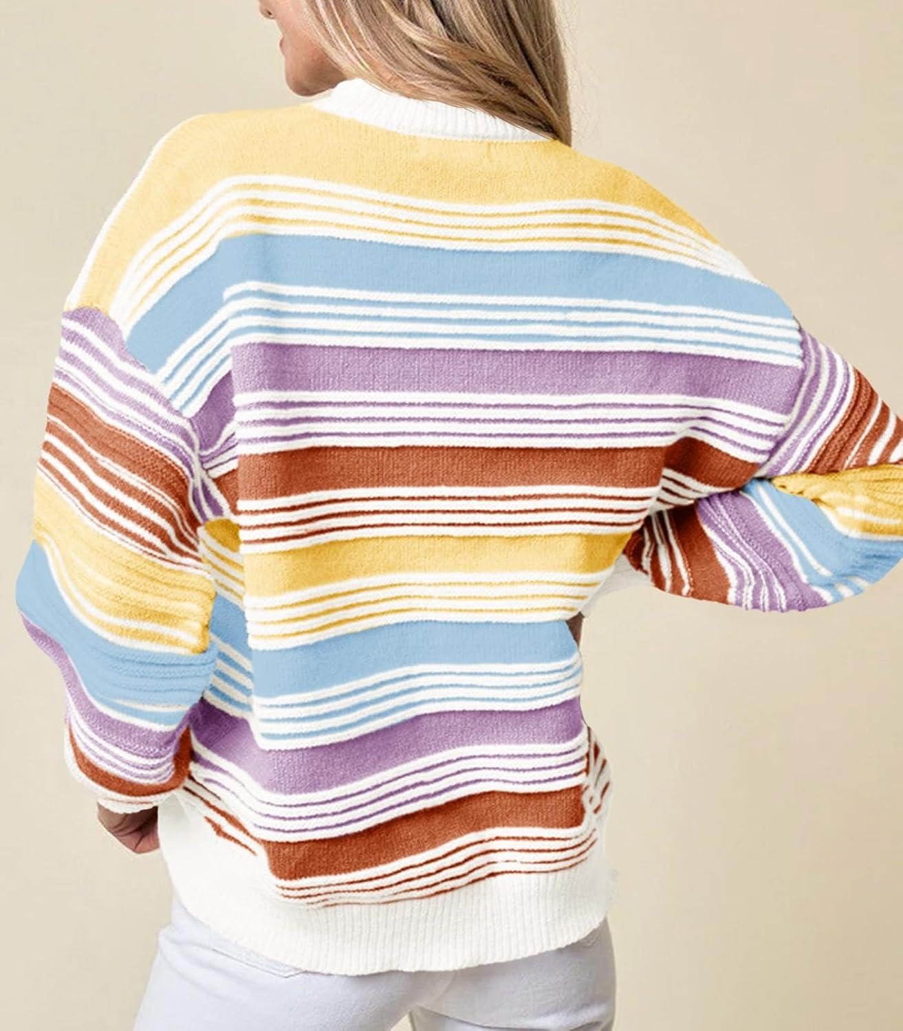 imageSaodimallsu Womens Striped Sweater Color Block Crew Neck Long Sleeve Fall Colorful Rainbow Knit Loose Pullover TopWhite