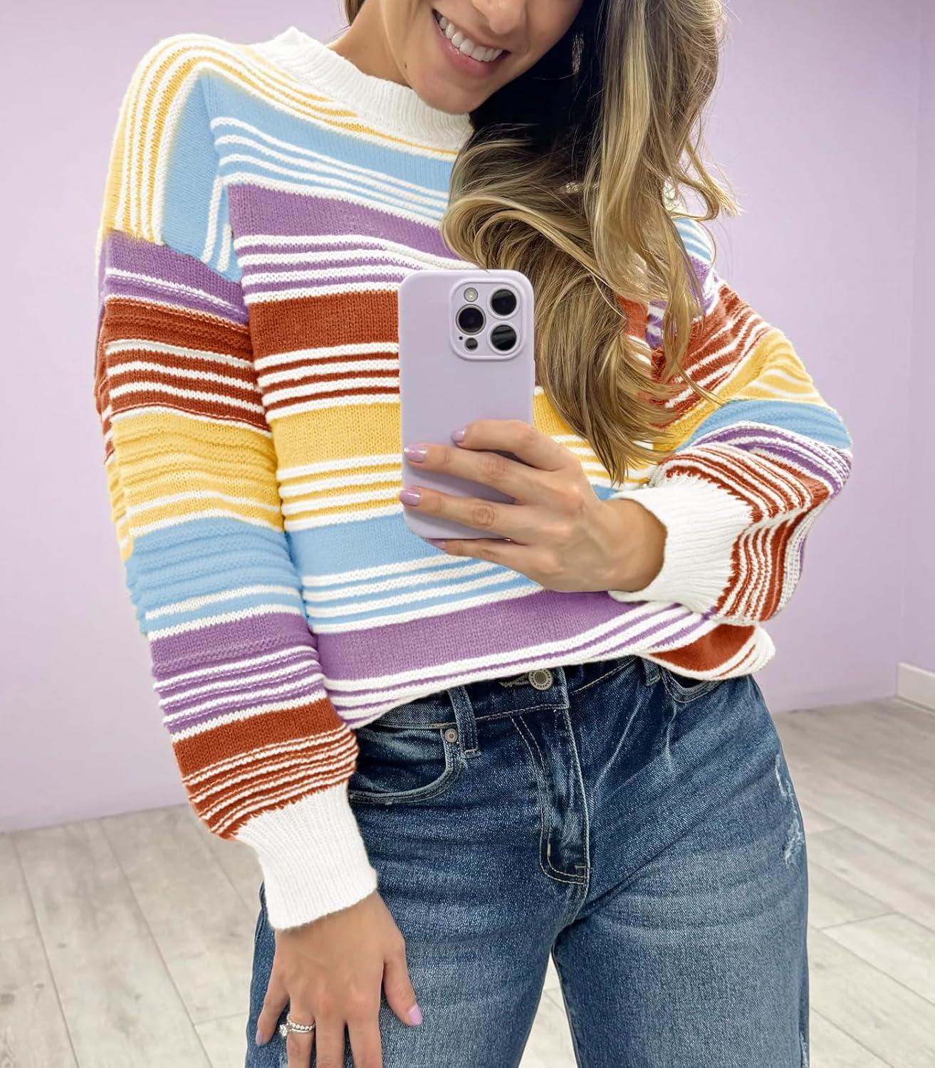 imageSaodimallsu Womens Striped Sweater Color Block Crew Neck Long Sleeve Fall Colorful Rainbow Knit Loose Pullover TopWhite