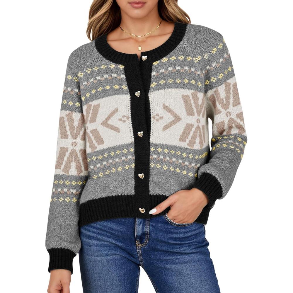imageSaodimallsu Womens Button Up Cardigan Sweaters Crew Neck Vintage Fair Isle Long Sleeve Warm Knit Christmas Sweater CoatsBeige