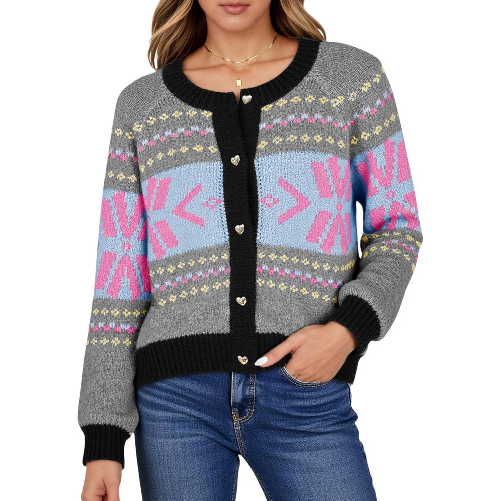 imageSaodimallsu Womens Button Up Cardigan Sweaters Crew Neck Vintage Fair Isle Long Sleeve Warm Knit Christmas Sweater CoatsBlue