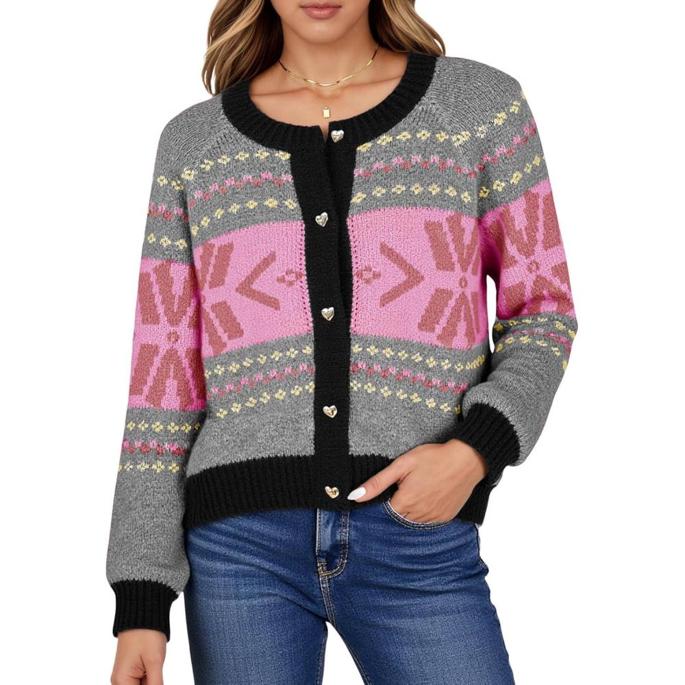 imageSaodimallsu Womens Button Up Cardigan Sweaters Crew Neck Vintage Fair Isle Long Sleeve Warm Knit Christmas Sweater CoatsPink