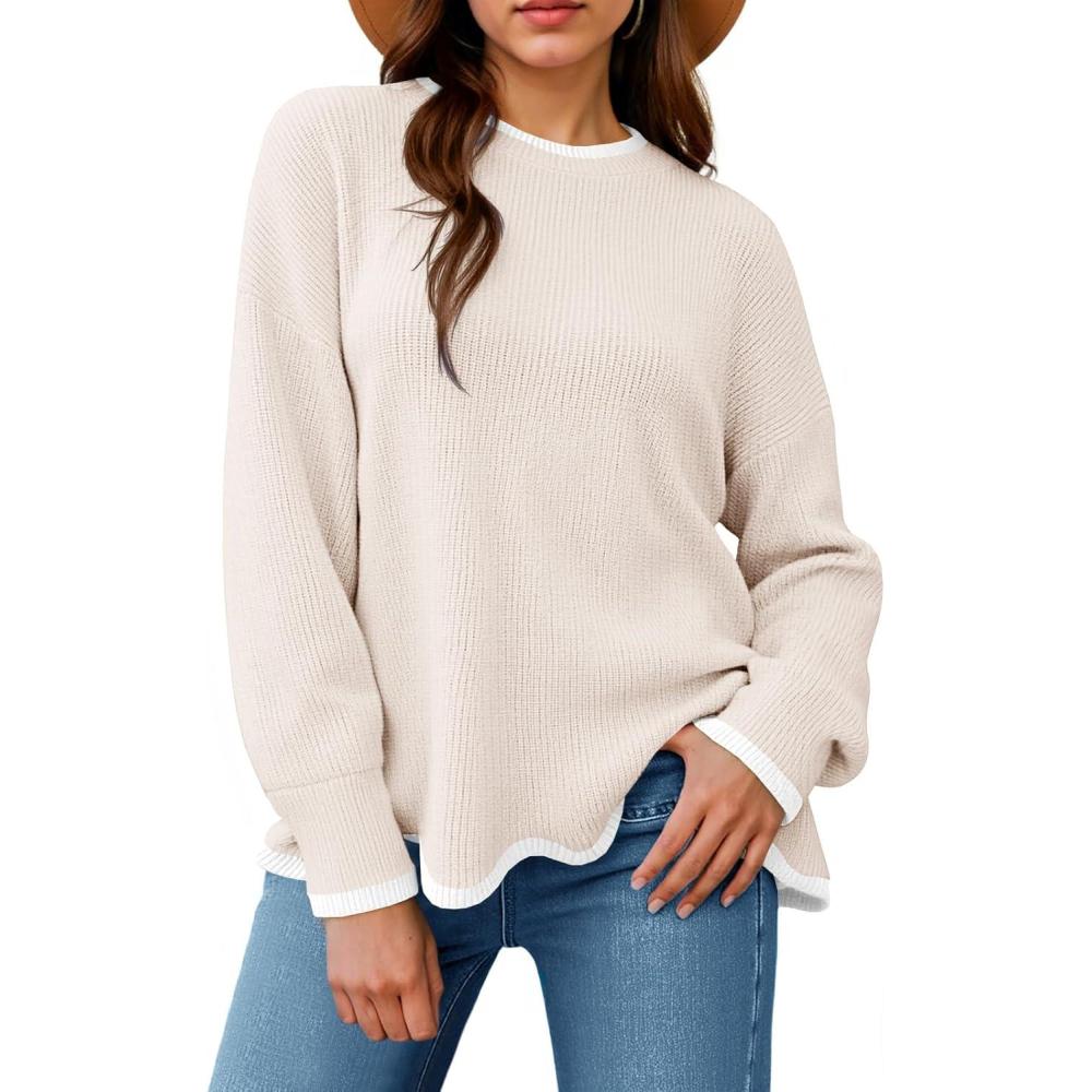 imageSaodimallsu Womens Contrast Color Pullover Sweaters Crewneck Knit Tops with Wave Hem Long Sleeve Sweater Fall 2025Apricot