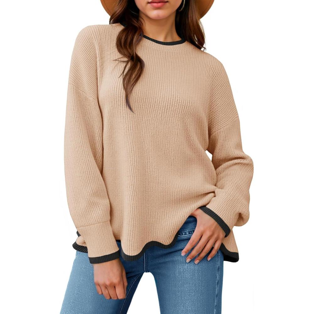 imageSaodimallsu Womens Contrast Color Pullover Sweaters Crewneck Knit Tops with Wave Hem Long Sleeve Sweater Fall 2025Dark Khaki