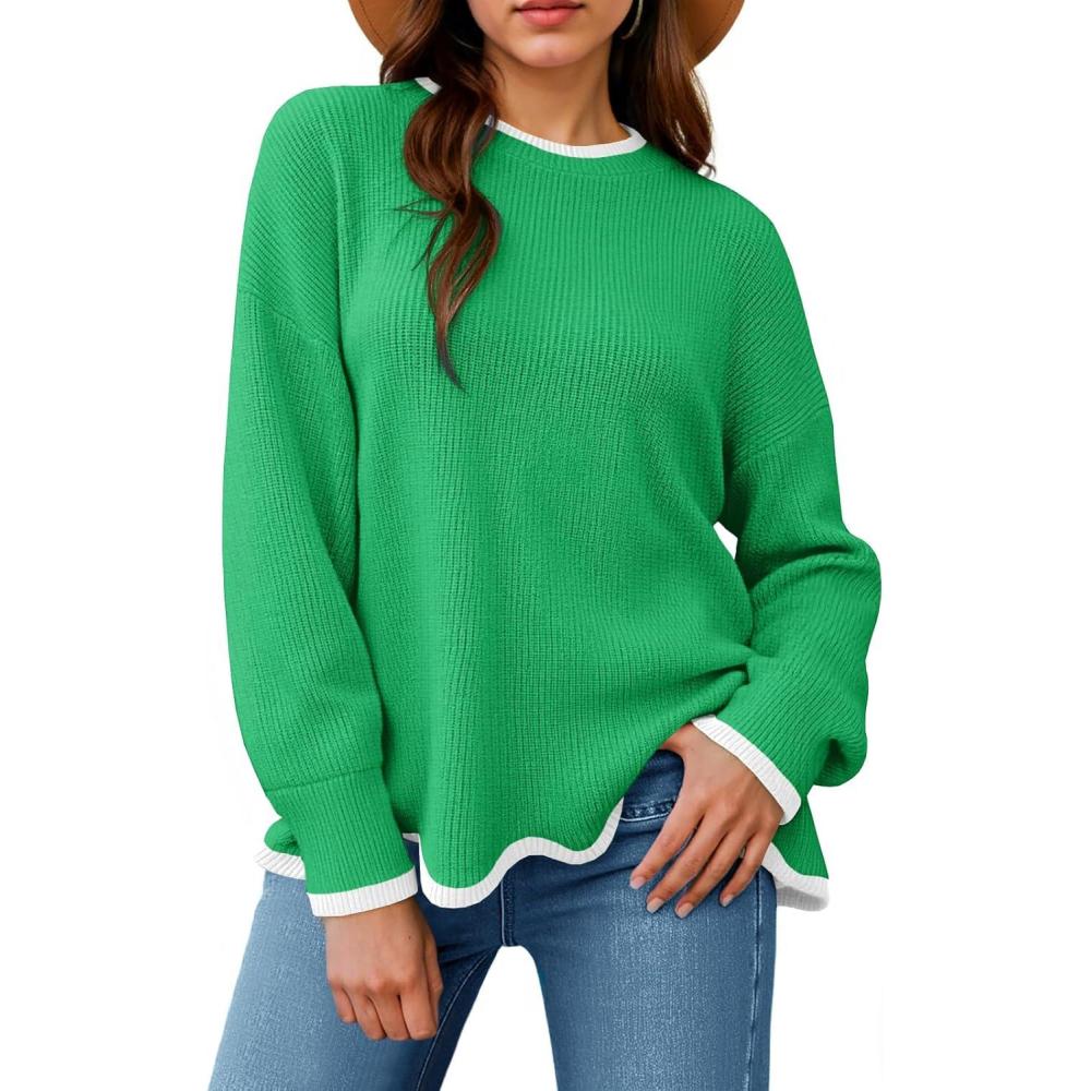 imageSaodimallsu Womens Contrast Color Pullover Sweaters Crewneck Knit Tops with Wave Hem Long Sleeve Sweater Fall 2025Green