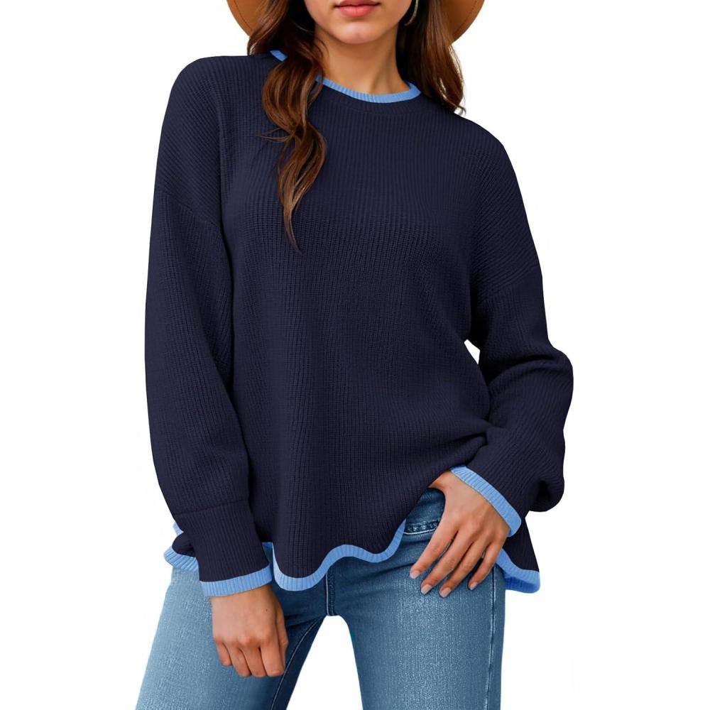 imageSaodimallsu Womens Contrast Color Pullover Sweaters Crewneck Knit Tops with Wave Hem Long Sleeve Sweater Fall 2025Navy