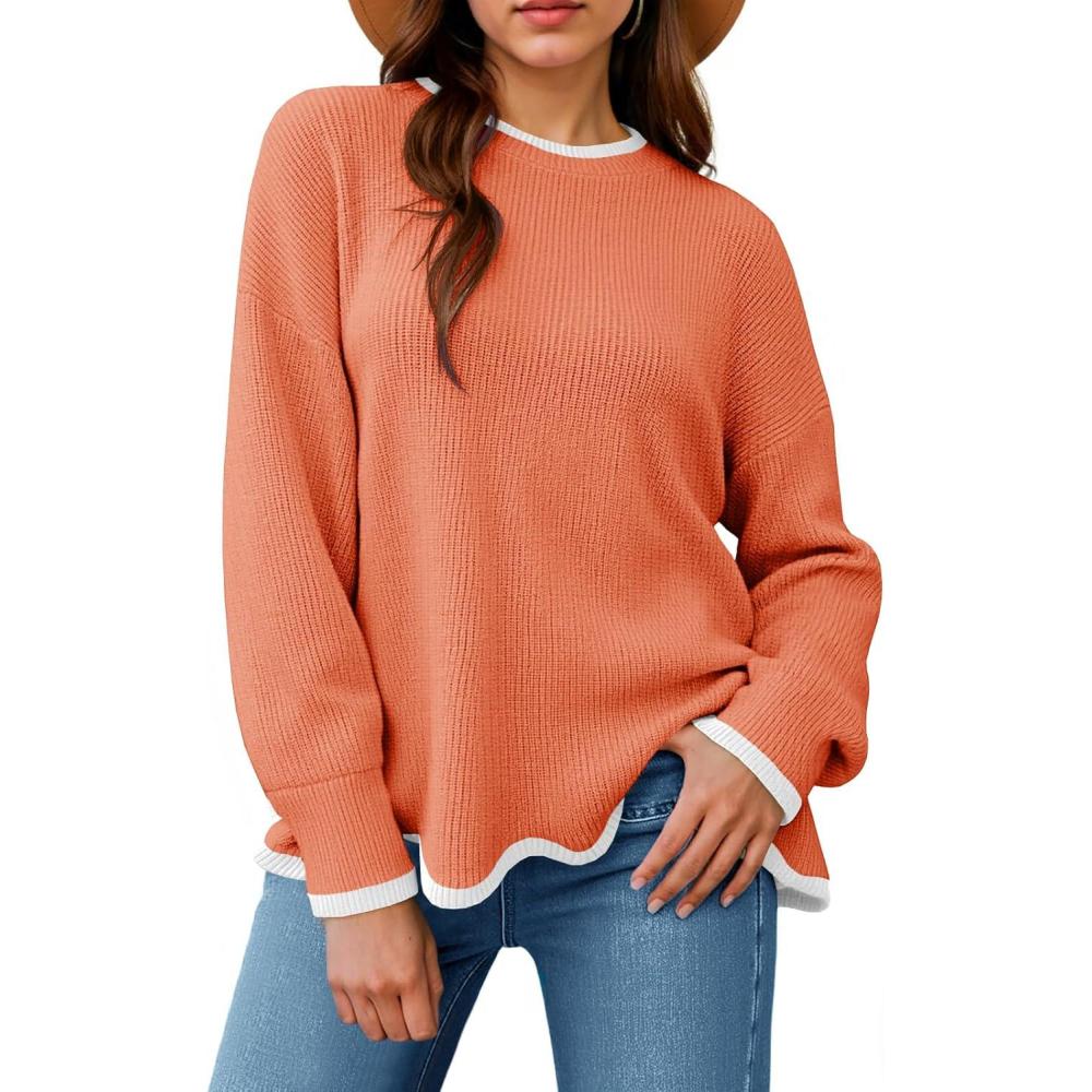 imageSaodimallsu Womens Contrast Color Pullover Sweaters Crewneck Knit Tops with Wave Hem Long Sleeve Sweater Fall 2025Orange