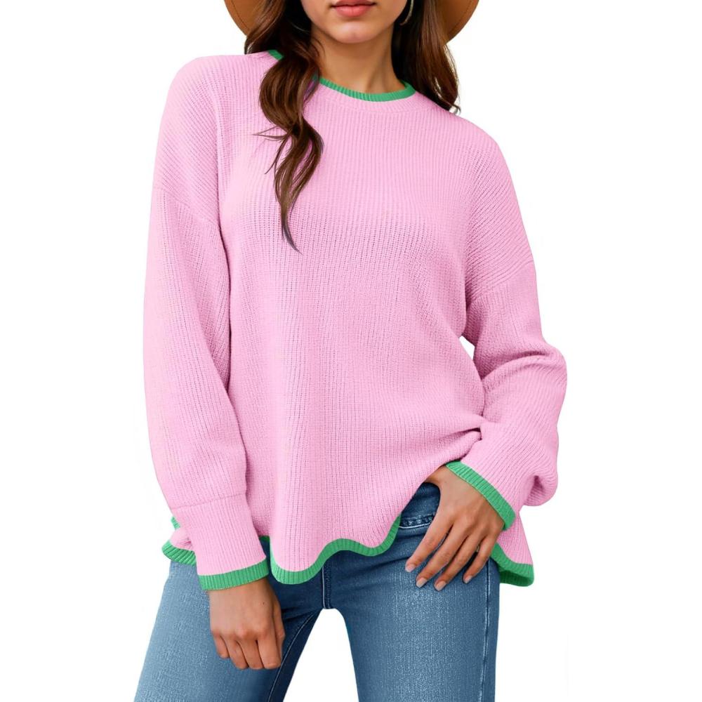imageSaodimallsu Womens Contrast Color Pullover Sweaters Crewneck Knit Tops with Wave Hem Long Sleeve Sweater Fall 2025Pink