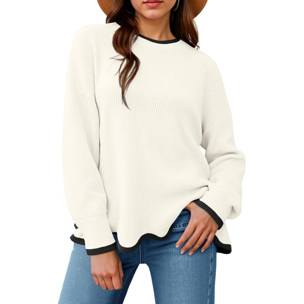 imageSaodimallsu Womens Contrast Color Pullover Sweaters Crewneck Knit Tops with Wave Hem Long Sleeve Sweater Fall 2025White