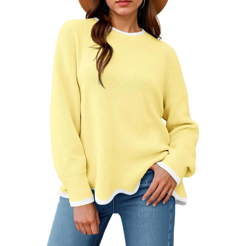 imageSaodimallsu Womens Contrast Color Pullover Sweaters Crewneck Knit Tops with Wave Hem Long Sleeve Sweater Fall 2025Yellow