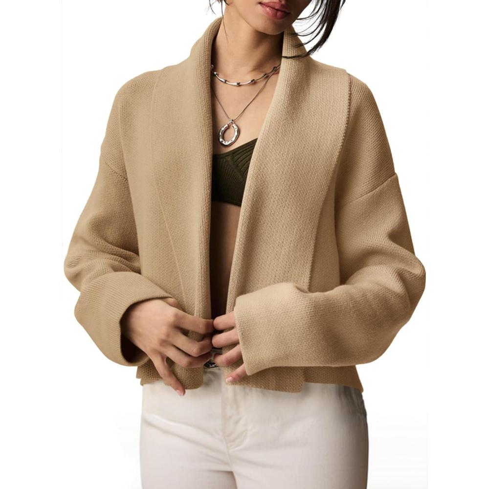 imageSaodimallsu Womens Cropped Cardigan Open Front Shawl 2025 Fall Trendy Long Sleeve Sweater JacketCamel