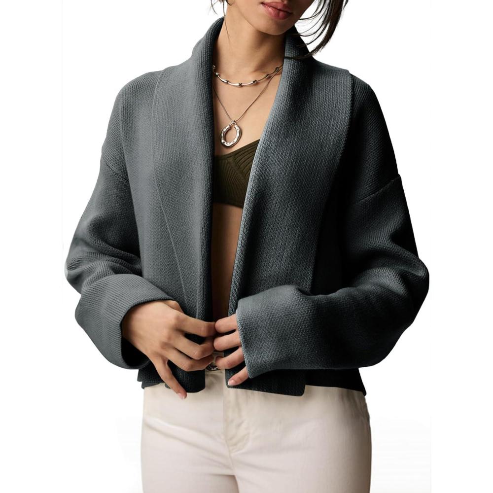 imageSaodimallsu Womens Cropped Cardigan Open Front Shawl 2025 Fall Trendy Long Sleeve Sweater JacketDark Grey