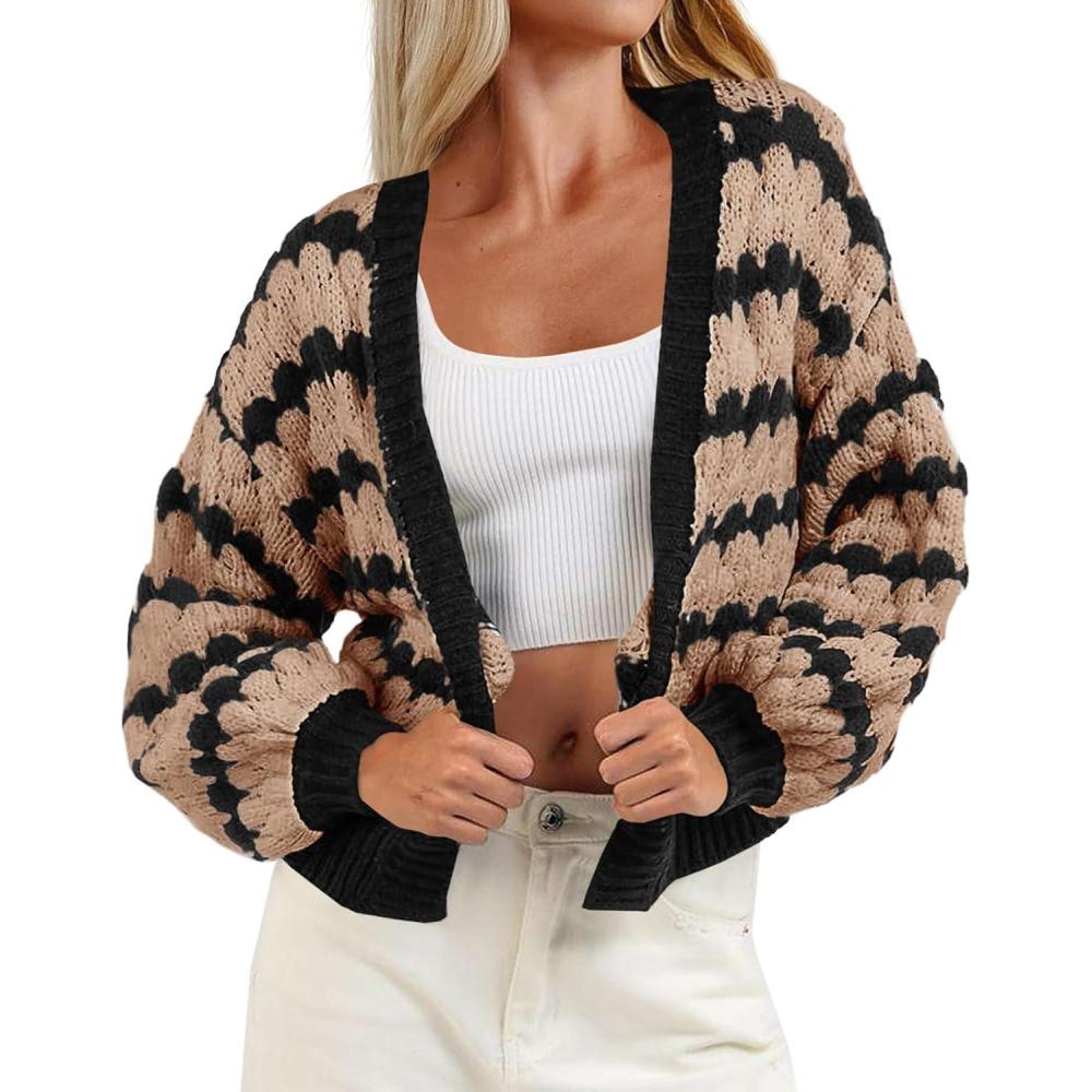 imageSaodimallsu Womens Cropped Cardigan Striped Open Front Long Lantern Sleeve Color Block Loose Chunky Knit Sweater CoatBrown