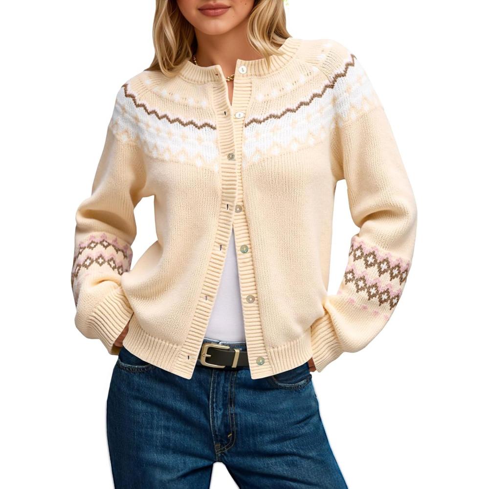 imageSaodimallsu Womens Fair Isle Sweater Button Up Long Sleeve Cardigans Crew Neck Open Front Knit Vintage Sweater CoatsBeige