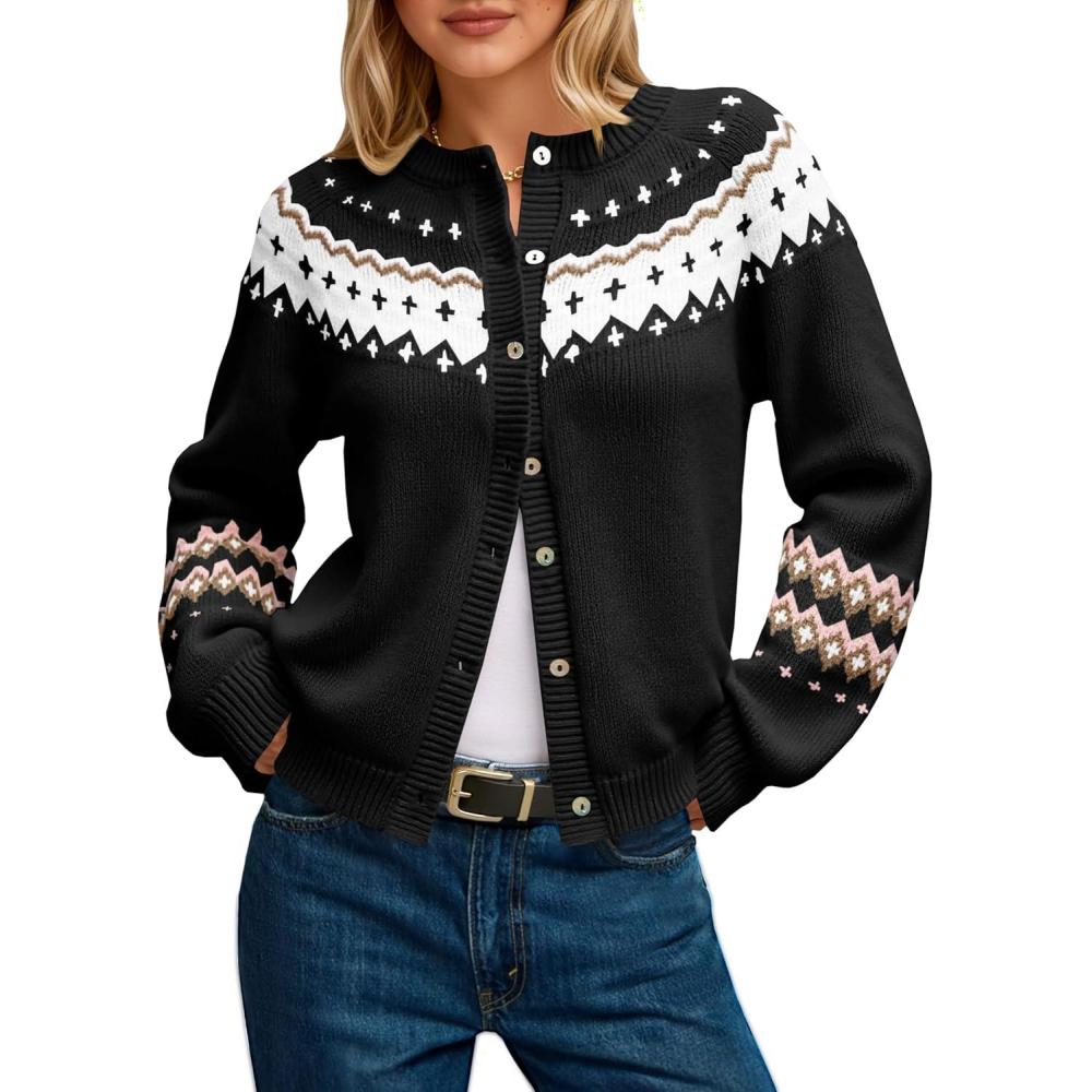 imageSaodimallsu Womens Fair Isle Sweater Button Up Long Sleeve Cardigans Crew Neck Open Front Knit Vintage Sweater CoatsBlack