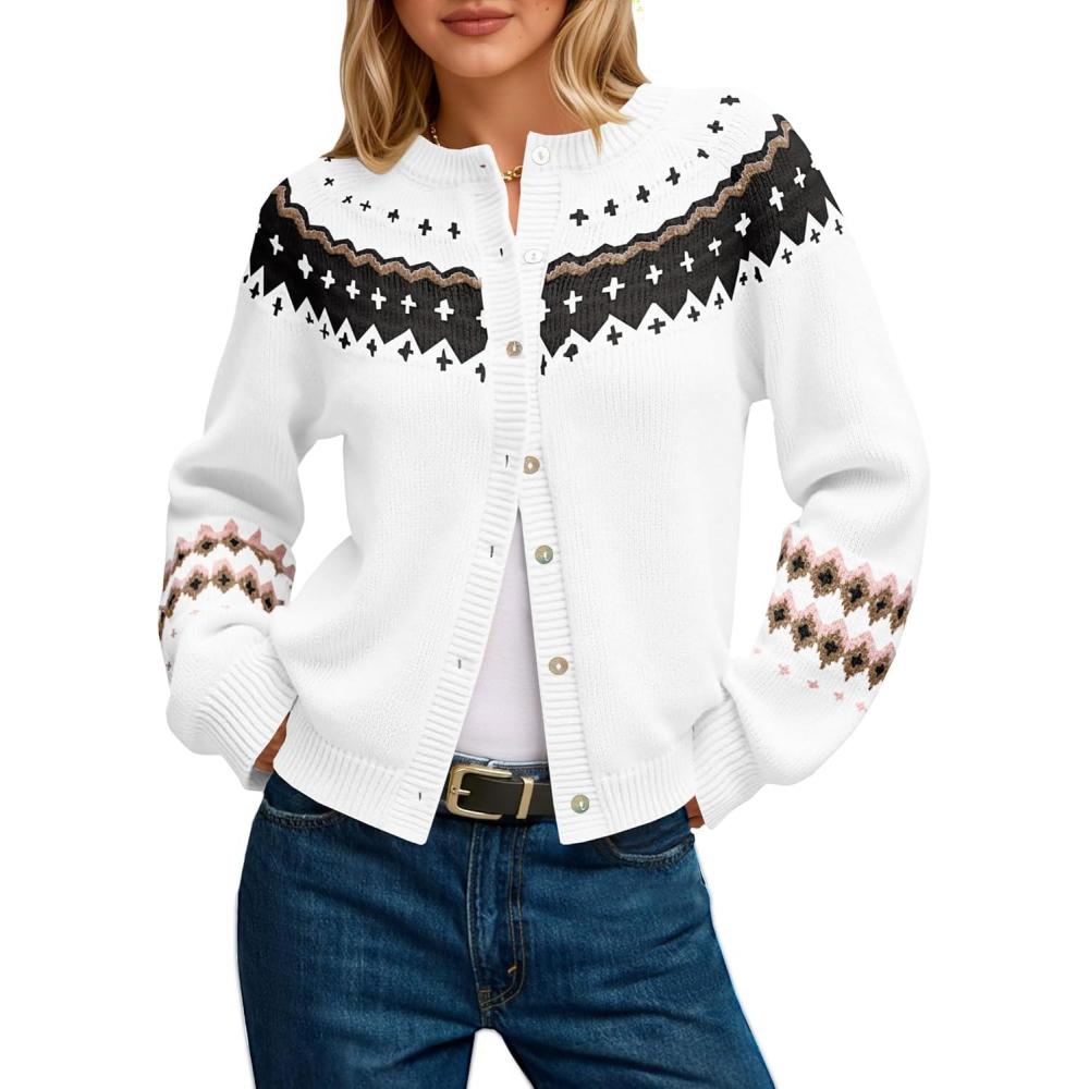 imageSaodimallsu Womens Fair Isle Sweater Button Up Long Sleeve Cardigans Crew Neck Open Front Knit Vintage Sweater CoatsWhite