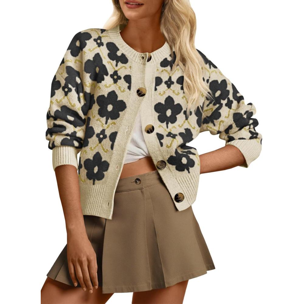 imageSaodimallsu Womens Floral Cardigan Sweaters Long Sleeve Open Front Button Down Knit Retro Sweater Coat Outwear Fall 2025Black