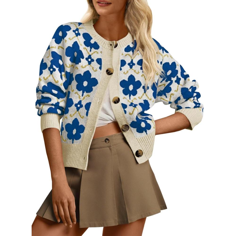 imageSaodimallsu Womens Floral Cardigan Sweaters Long Sleeve Open Front Button Down Knit Retro Sweater Coat Outwear Fall 2025Blue