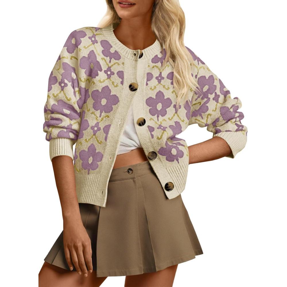 imageSaodimallsu Womens Floral Cardigan Sweaters Long Sleeve Open Front Button Down Knit Retro Sweater Coat Outwear Fall 2025Fuchsia