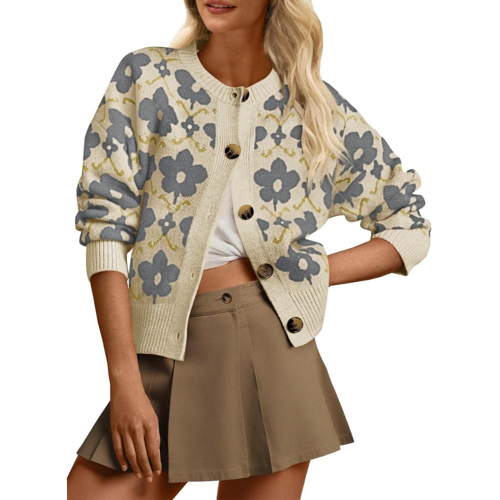 imageSaodimallsu Womens Floral Cardigan Sweaters Long Sleeve Open Front Button Down Knit Retro Sweater Coat Outwear Fall 2025Grey