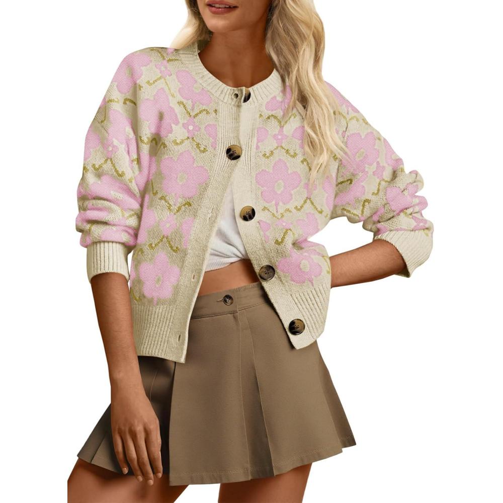 imageSaodimallsu Womens Floral Cardigan Sweaters Long Sleeve Open Front Button Down Knit Retro Sweater Coat Outwear Fall 2025Pink