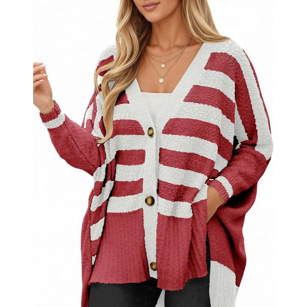 imageSaodimallsu Womens Oversized Striped Cardigan Sweaters V Neck Fuzzy Knit Button Up Side Slit Fall Sweater CoatsBurgundy