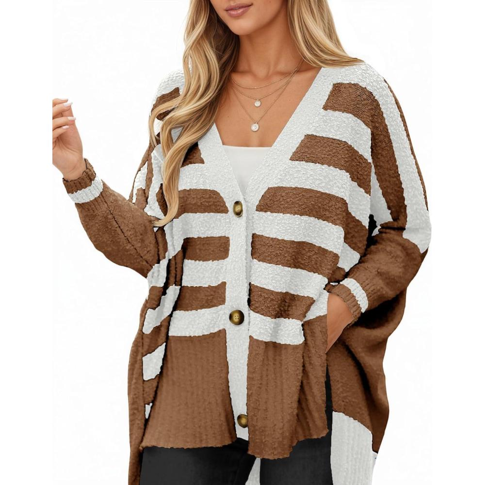 imageSaodimallsu Womens Oversized Striped Cardigan Sweaters V Neck Fuzzy Knit Button Up Side Slit Fall Sweater CoatsCoffee