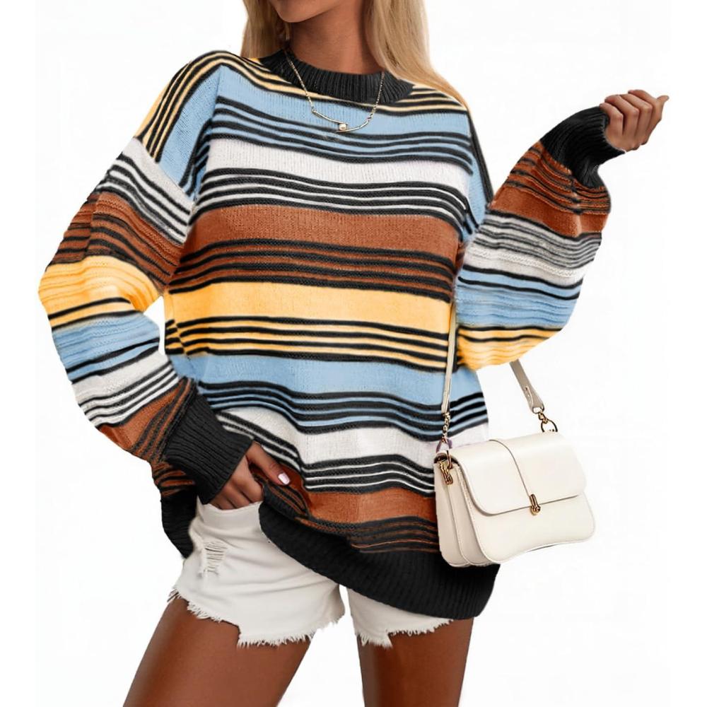 imageSaodimallsu Womens Striped Sweater Color Block Crew Neck Long Sleeve Fall Colorful Rainbow Knit Loose Pullover TopBlack