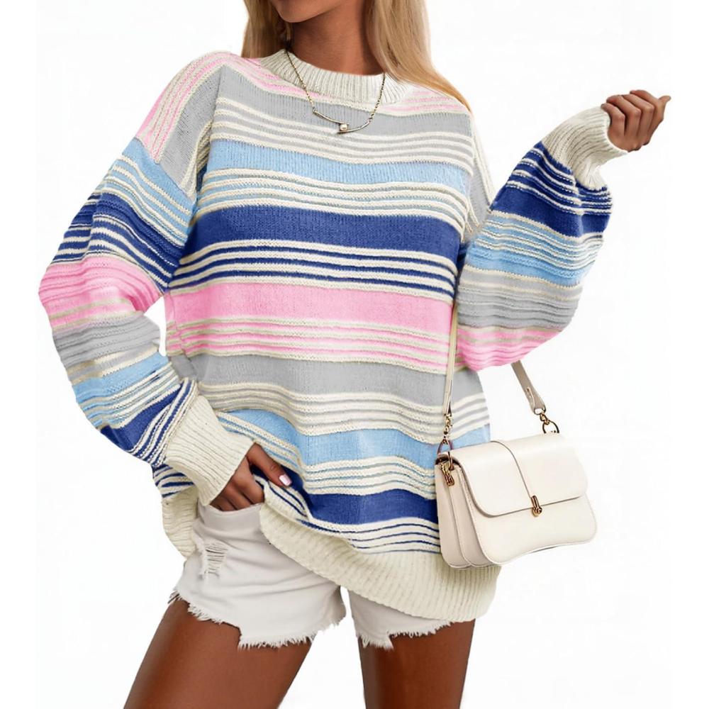 imageSaodimallsu Womens Striped Sweater Color Block Crew Neck Long Sleeve Fall Colorful Rainbow Knit Loose Pullover TopBlue